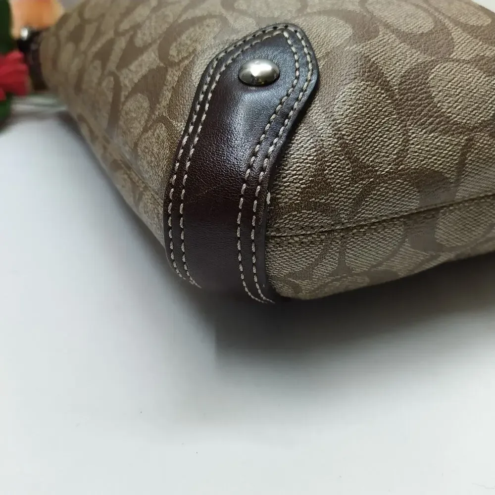 Coach Signature Brown Leather Heritage Strip Zipper Hobo Shoulder Bag